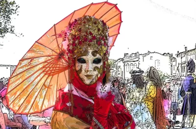 Travail graphique de la graphiste Marie-Hélène Bertucceli représentant un moment du carnaval de Venise avec une dame masqué en premier plan