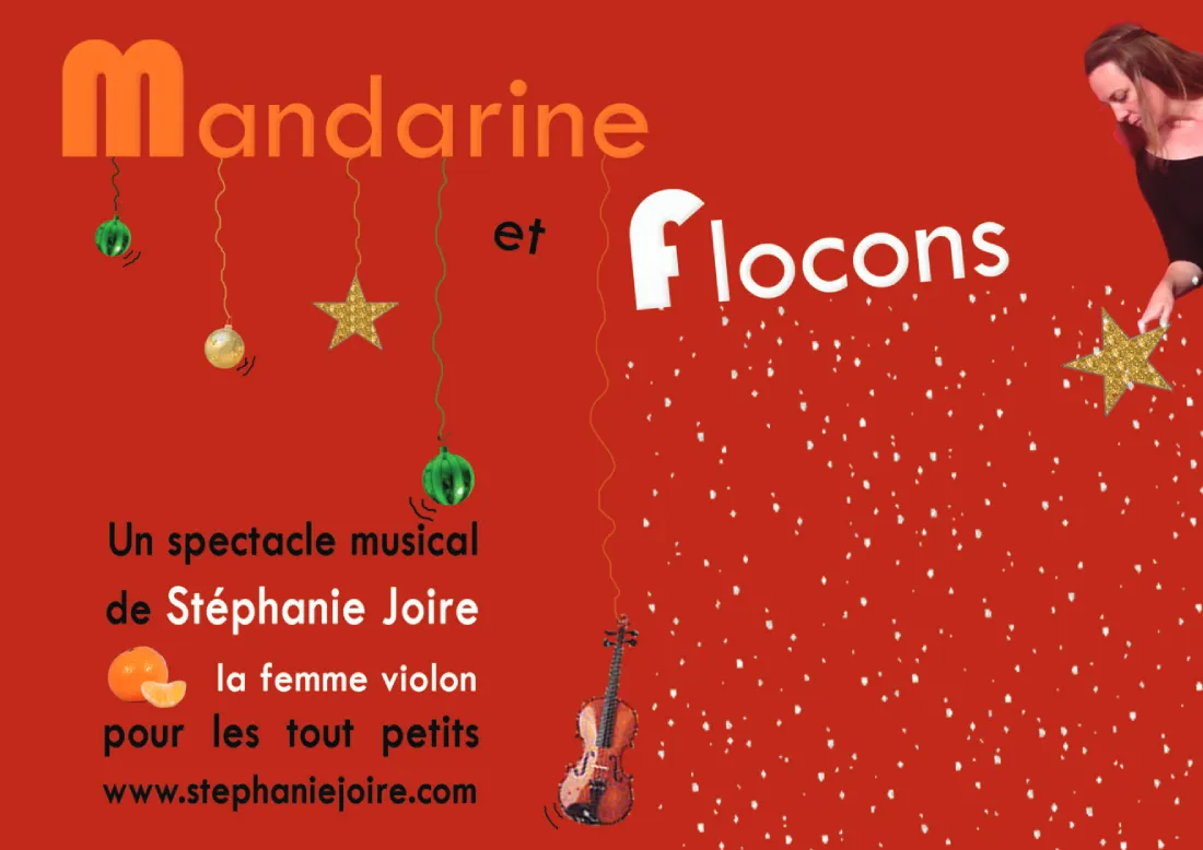 Visuel du spectacle Mandarine et flocons : sur un fond rouge, les infos du spectacle, des flocons de neige et une guitare dessinée