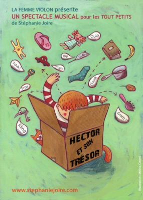 Dessin d'un enfant qui fouille dans une boîte en carton : visuel du spectacle jeune public Hector et son trésor