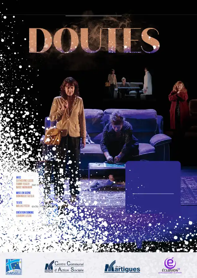 Visuel d'un spectacle en intérieur avec trois personnes, deux femmes et un homme, et les informations le concernant