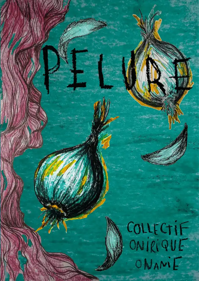 Affiche du spectacle de théâtre d'objet "Pelure" de et avec Margo Vanz où il apparaît un ail déssiné