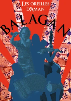 Visuel graphique du spectacle musical Balagan avec les silhouettes des musiciens sur un fond rouge