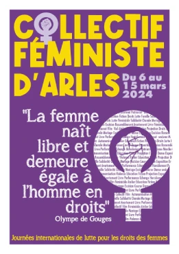 Affiche de la semaine pour les droits des femmes: sur fond violet, une citation et les informationspratiuqe en blanc