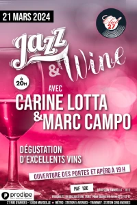 Affiche d'une soirée musicale avec dégustation de vins : sur un fond rose et blanc, les informations concernant la soirée