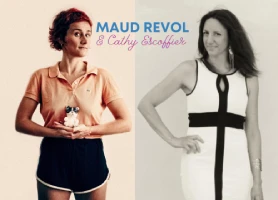 Sur le côté gauche la chanteuse jazz Maud Revol dans un portrait en couleur, à droite la pianiste Cathy Escoffier en noir et blanc