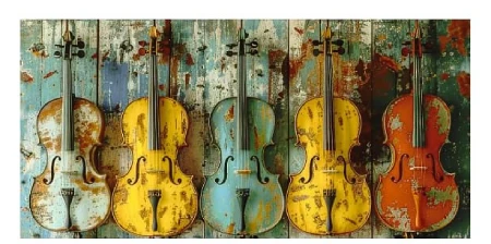 Photo avec 5 violons sur un fond qui reprend les couleurs des instruments