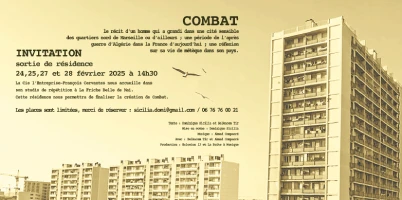 Flyer pour la sortie de résidence d'un spectacle : sur un fond jaune clair, la silhouette d'une cité et les informations de l'événement