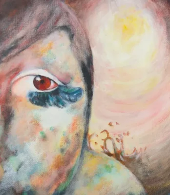 Dessin en couleur représentant un demi-visage en premier plan et derrière un paysage