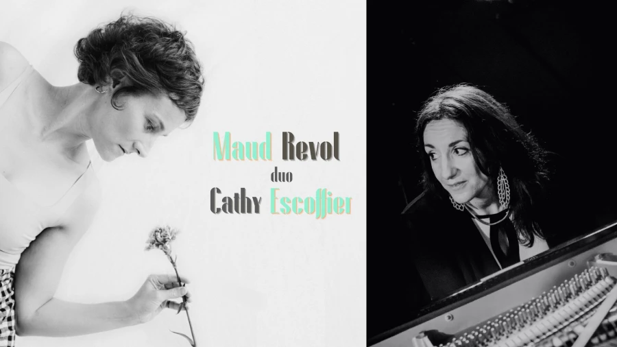 Deux photos en noir et blanc : dans celle de gauche, sur un fond blanc, une femme de profil se penche vers le sol avec une fleur dans la main. Dans celle de droite, sur un fond noir, une autre femme de profil assise devant un piano