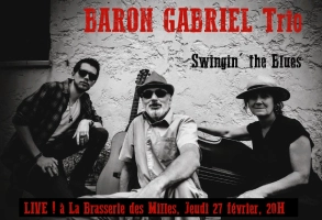 Visuel d'un concert blues avec une photo en noir et blanc des trois musiciens, une femme et deux hommes, et les informations de l'événement.