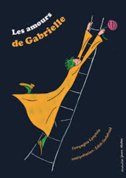 Visuel d'un spectacle avec les infos et le dessin d'un personnage au manteau jaune en train de monter une échelle suspendue dans le vide