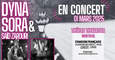 Visuel d'un concert avec les photos des artistes en noir et blanc et les informations de l'événement