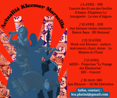 Visuel d'une série d'événements : sur un fond rouge, un dessin représentant des musiciens et, à droite, les informations nécessaires