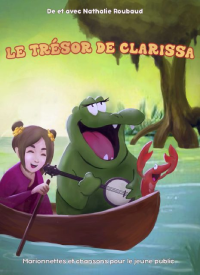 Dessin représentant une petite fille en train de ramer dans un canoë avec un alligator et une écrivisse