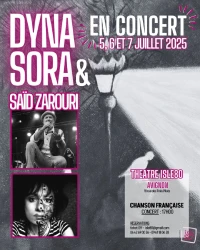 Visuel d'un concert avec les photos en noir et blanc des deux musiciens et les informations de l'événement