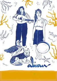 Dessin en couleur avec deux femmes avec des instruments musicaux sur un fond blanc