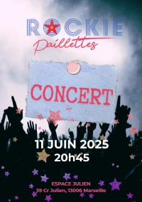 Visuel d'un concert avec les informations de l'événement et des silhouettes en noir représentant le public d'un concert