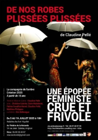 Visuel d'un spectacle de théâtre avec les informations de l'événement et la photo de trois femmes avec des parapluies en main