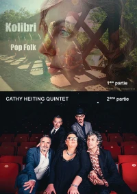 Deux photos l'une sur l'autre : en haut l'image d'une femme de profil se fond avec celle d'un pont en métal en pleine nature. En bas, une femme et quatre hommes assis sur les chaises rouges en velours d'une salle de spectacle