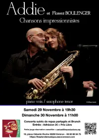 Visuel d'un événement avec une photo de deux musiciens sur fond noir et les informations pratiques