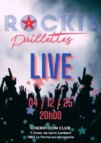 Visuel d'un événement avec les informations le concernant et, sur l'arrière-plan, une photo de silhouettes aux bras levés lors d'un concert