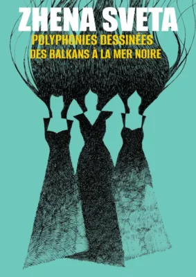Dessin représentant trois silhouettes de femmes aux cheveux longs sur un fond bleu clair