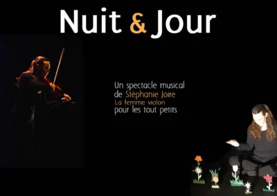 Visuel d'un spectacle avec les informations le concernant et deux photos d'une femme sur un fond noir : dans une, elle jour du violon, dans l'autre elle assise sur le plateau devant des fleurs