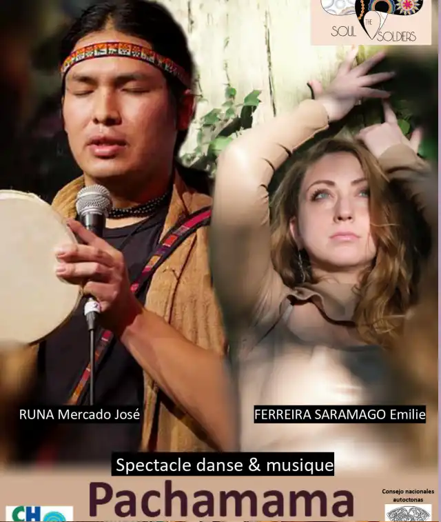 Affiche d'un spectacle de danse et musique la double photo d'un homme en train de jouer des percussions et une femme aux bras levées