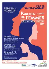 Visuel d'un événement avec des profils de femmes dessinés, en couleur, et les informations le concernant écrites en blan