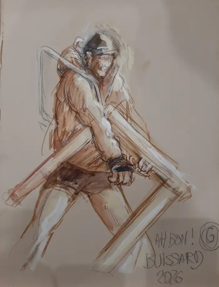 Dessin représentant un personne avec un obstacle en bois à la main