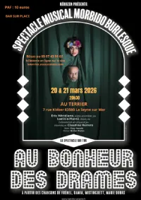 Visuel d'un évènement avec les informations le concernant et la photo d'un duo de personnages clownesques qui pointent leur nez d'un rideau de théâtre