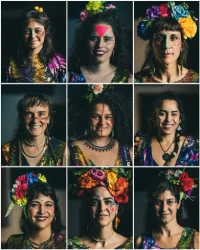 Photo avec neuf portraits de femmes maquillées et habillées avec des tenues folkloriques