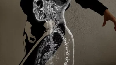 Photo d'un corps en mouvement de profil avec, superposée, la radiographie d'un torse
