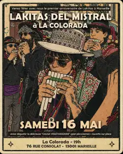Visuel d'un événement avec les informations le concernant et, sur le fond, un dessin représentant des musiciennes et musiciens en train de jouer