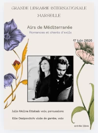 Visuel d'un événement avec les informations le concernant, des fleurs dessinées et les photos des deux musiciens du duo