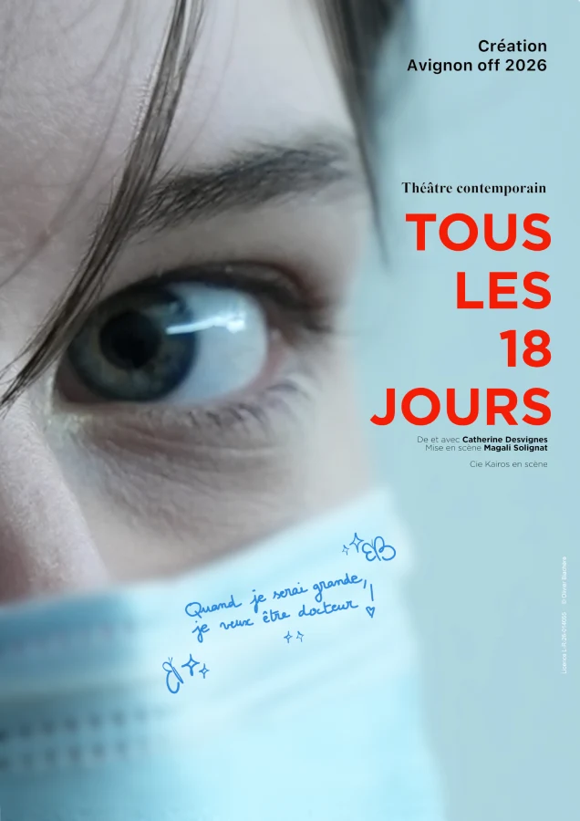 Visuel d'un spectacle avec les informations le concernant et la photo en gros plan d'une femme avec un masque sur le visage