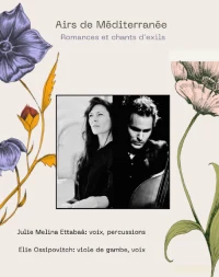 Visuel d'un événement avec les informations le concernant, des fleurs dessinées et les photos des deux musiciens du duo