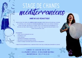 Visuel d'un stage avec les informations le concernant et la photo d'une femme en train de jouer une percussion
