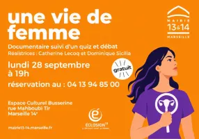 Visuel d'un événement avec les informations le concernant et le dessin d'une femme aux cheveux détachés
