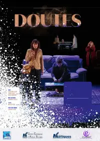 Visuel d'un spectacle de théâtre avec les informations le concernant et une photo de scène : une femme au premier plan et, à ses épaules, une autre femme assise sur un canapé