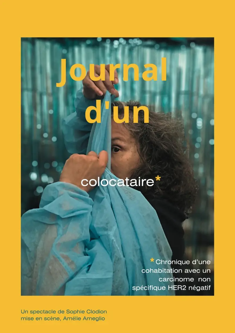 Visuel d'un spectacle de théâtre avec les informations le concernant et la photo d'une femme au visage caché