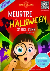 Visuel d'un événement pour Halloween avec les informations le concernant et, au milieu, un petite fille dessinée en style bd, avec une loupe et entouré par des monstres