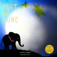 Visuel d'un spectacle jeune public avec les informations le concernant et la silhouette d'un éléphant qui se dessine sur la lune